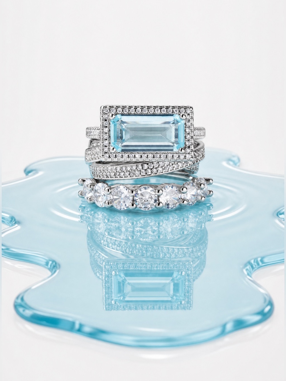 Aquamarine and CZ Diamond 3 Ring Statement Stacked Ring Set - White Gold Plate
